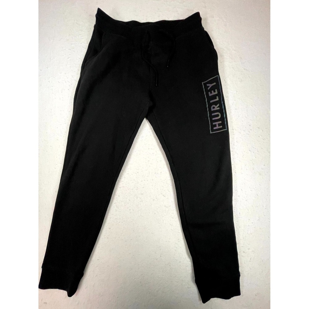 Hurley Sweat Jogger Pants Mens Medium Black Cotton Box Logo Relaxed Fit Tapered